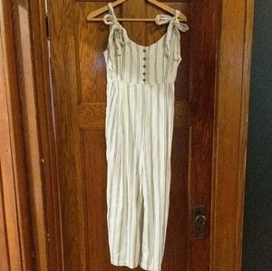 Free People Cream and Navy Striped Jumpsuit